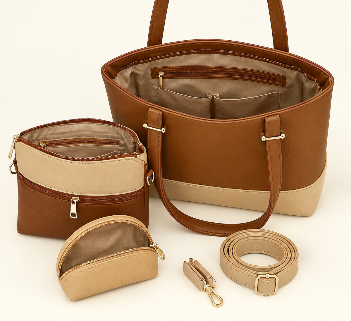 3-Piece Women's Leather Handbag Set – Tote, Crossbody & Pouch (Brown/Beige)