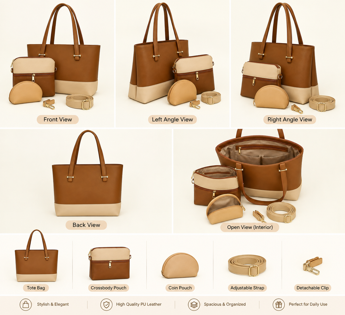 3-Piece Women's Leather Handbag Set – Tote, Crossbody & Pouch (Brown/Beige)