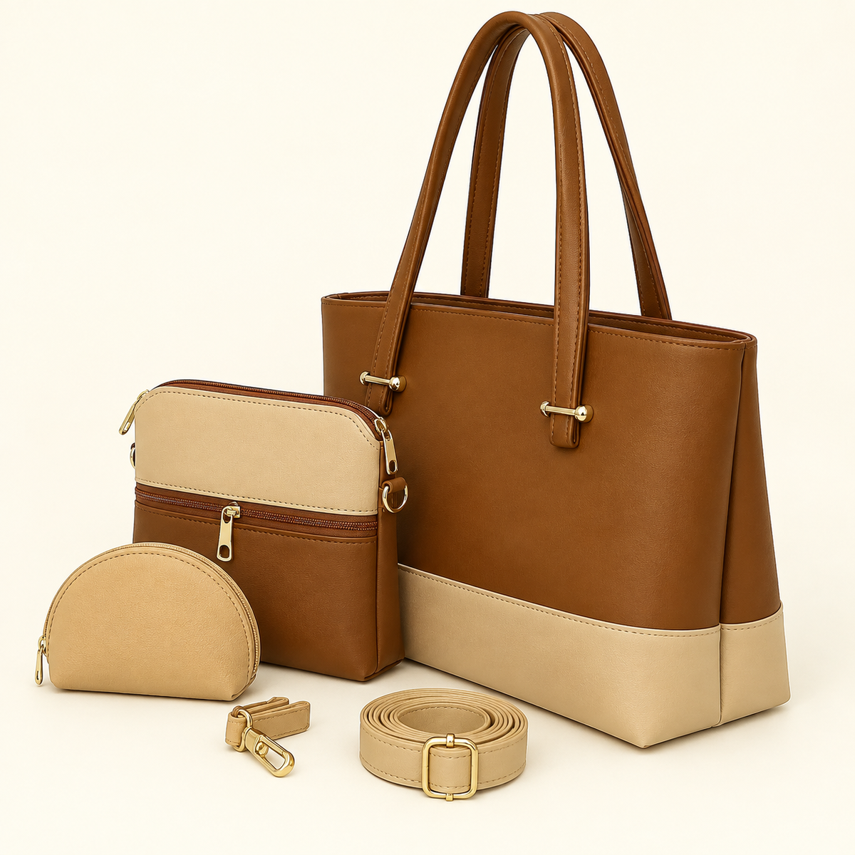 3-Piece Women's Leather Handbag Set – Tote, Crossbody & Pouch (Brown/Beige)