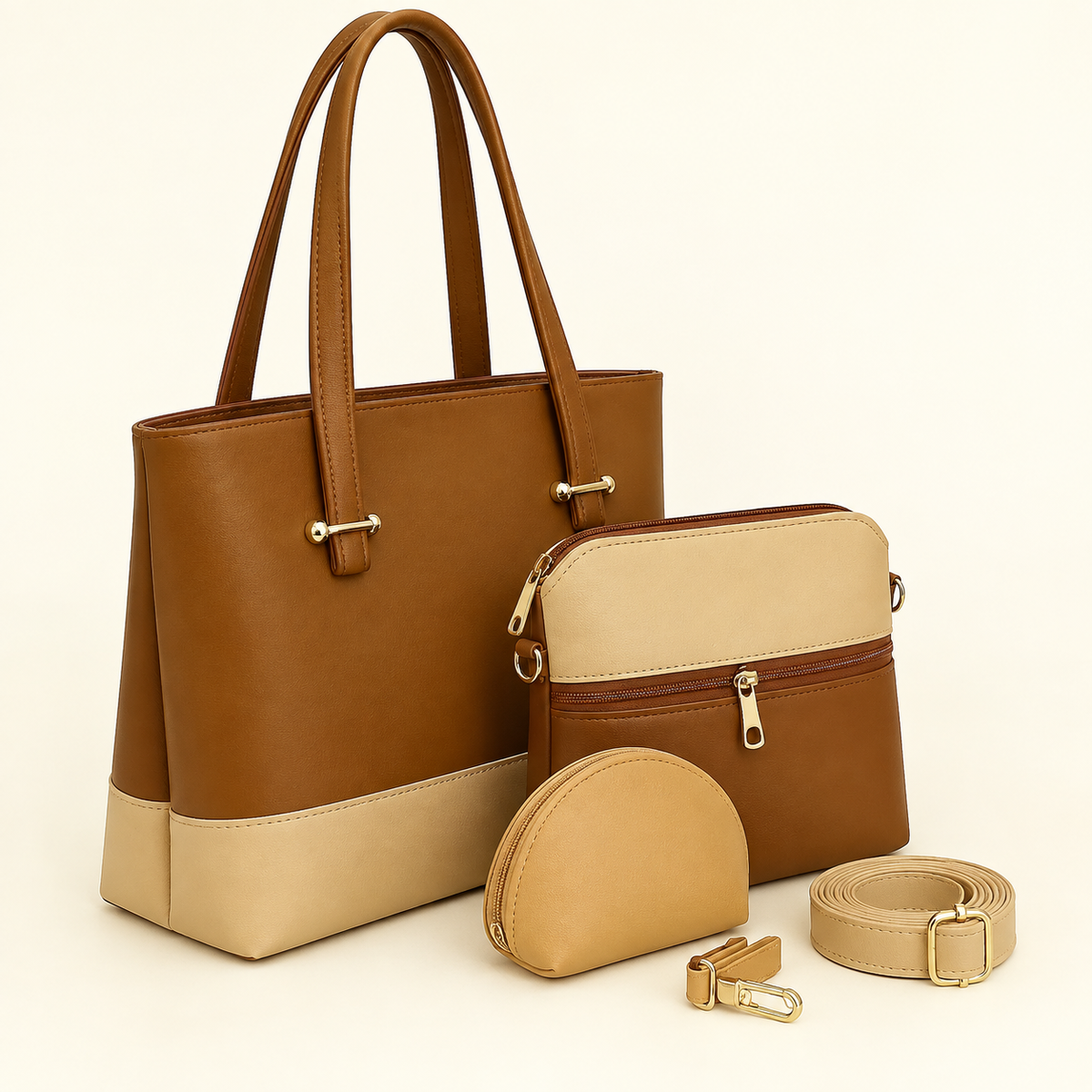 3-Piece Women's Leather Handbag Set – Tote, Crossbody & Pouch (Brown/Beige)