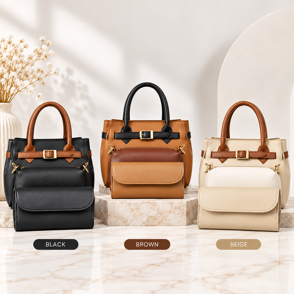 Women's 3-Piece Handbag Set – Handbag, Pouch, Clutch & Long Strap