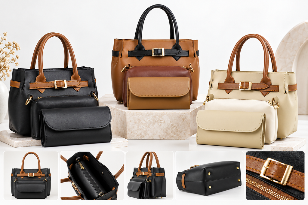 Women's 3-Piece Handbag Set – Handbag, Pouch, Clutch & Long Strap