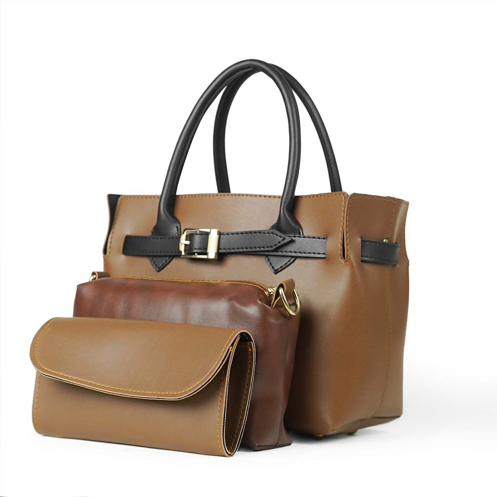 Women's 3-Piece Handbag Set – Handbag, Pouch, Clutch & Long Strap